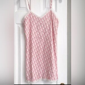 Dior Pink and White Logo Slip Dress with Crystal Accents